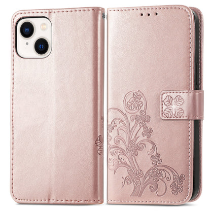 ELECTROPRIME For iPhone 15 Four-leaf Clasp Embossed Buckle Leather Phone Case(Rose Gold)