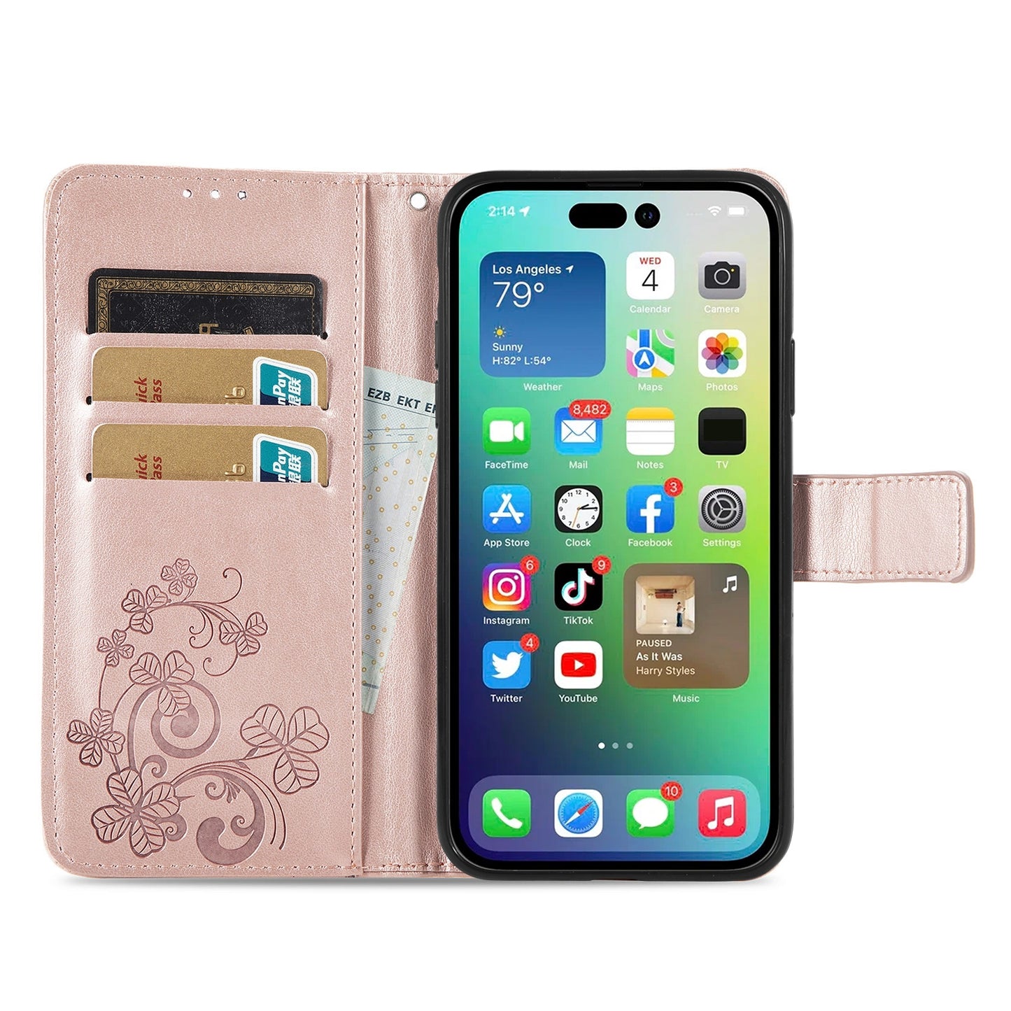 ELECTROPRIME For iPhone 15 Four-leaf Clasp Embossed Buckle Leather Phone Case(Rose Gold)
