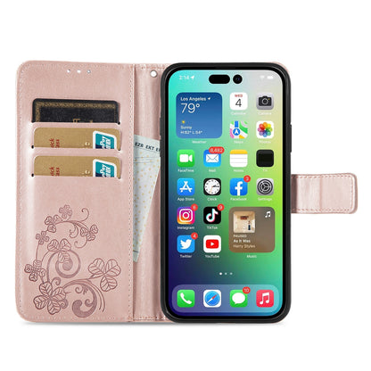 ELECTROPRIME For iPhone 15 Four-leaf Clasp Embossed Buckle Leather Phone Case(Rose Gold)