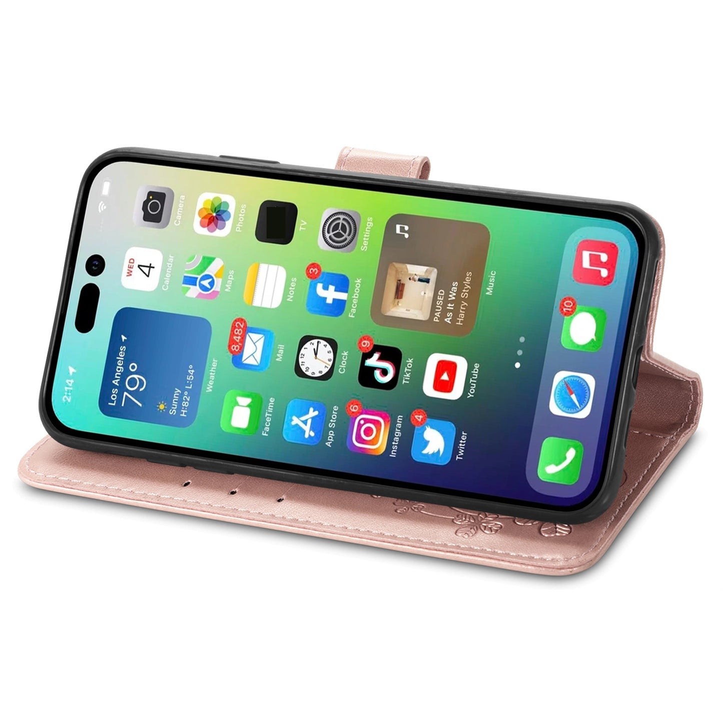 ELECTROPRIME For iPhone 15 Four-leaf Clasp Embossed Buckle Leather Phone Case(Rose Gold)