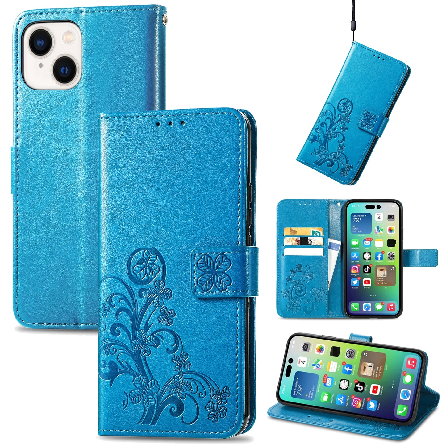 ELECTROPRIME For iPhone 15 Four-leaf Clasp Embossed Buckle Leather Phone Case(Blue)