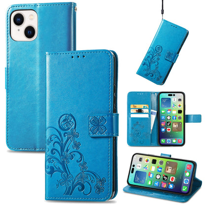 ELECTROPRIME For iPhone 15 Four-leaf Clasp Embossed Buckle Leather Phone Case(Blue)