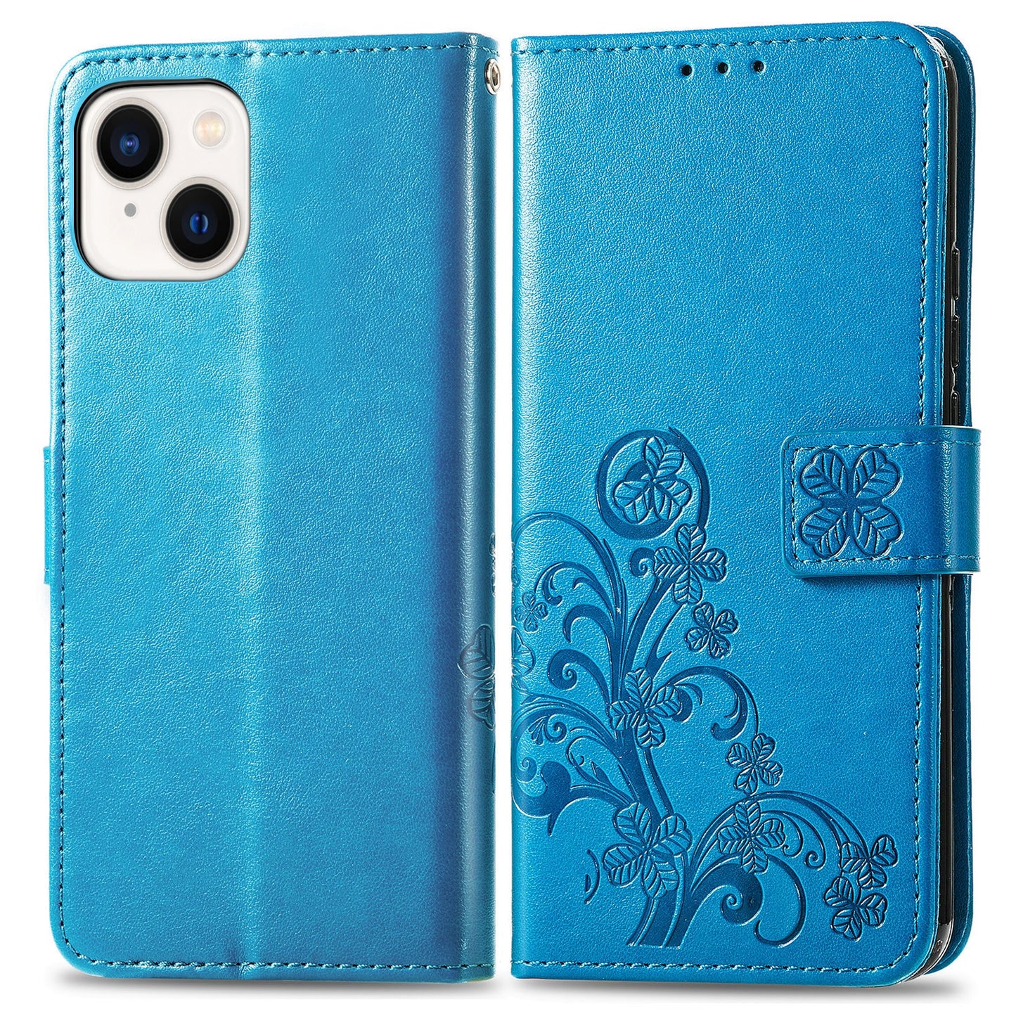 ELECTROPRIME For iPhone 15 Four-leaf Clasp Embossed Buckle Leather Phone Case(Blue)