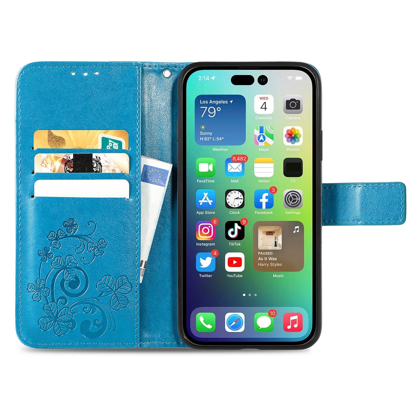 ELECTROPRIME For iPhone 15 Four-leaf Clasp Embossed Buckle Leather Phone Case(Blue)
