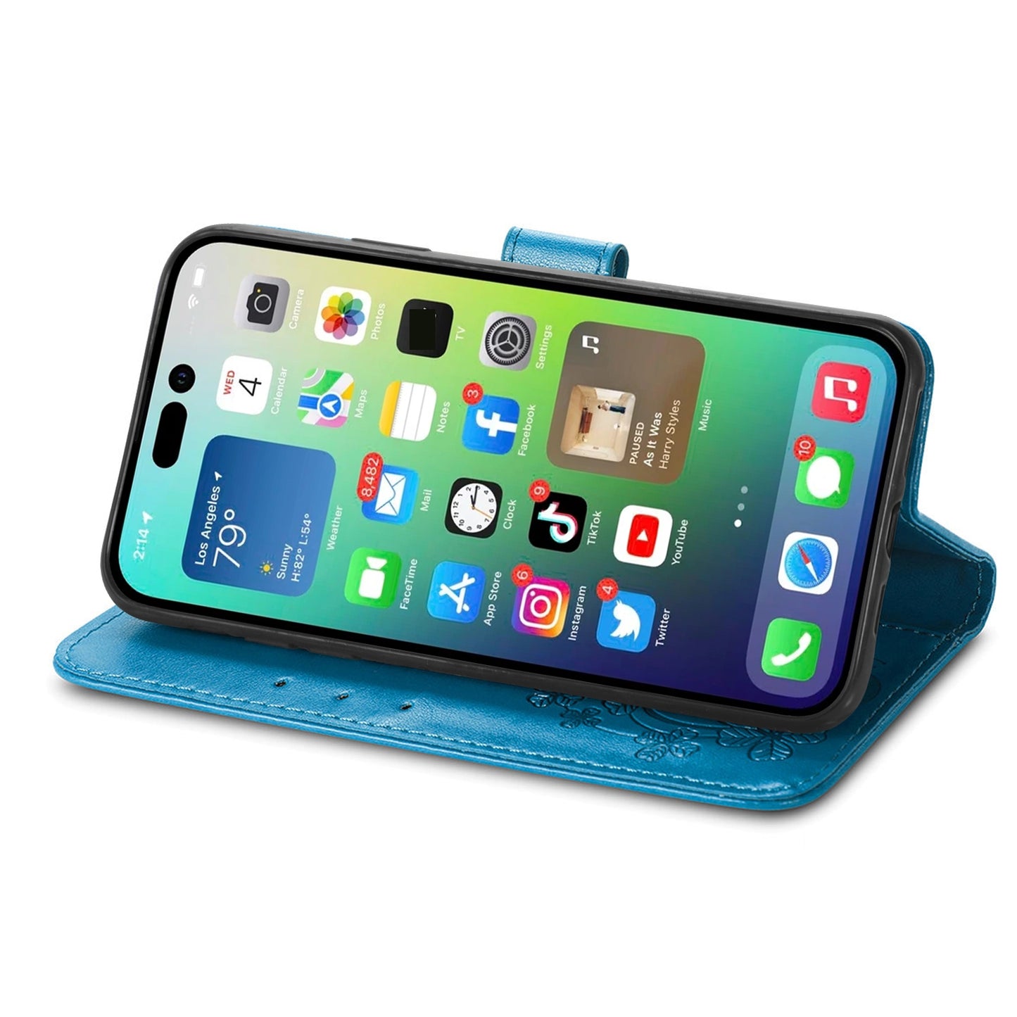 ELECTROPRIME For iPhone 15 Four-leaf Clasp Embossed Buckle Leather Phone Case(Blue)