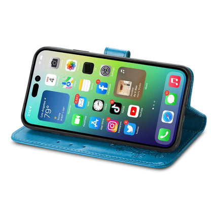 ELECTROPRIME For iPhone 15 Four-leaf Clasp Embossed Buckle Leather Phone Case(Blue)