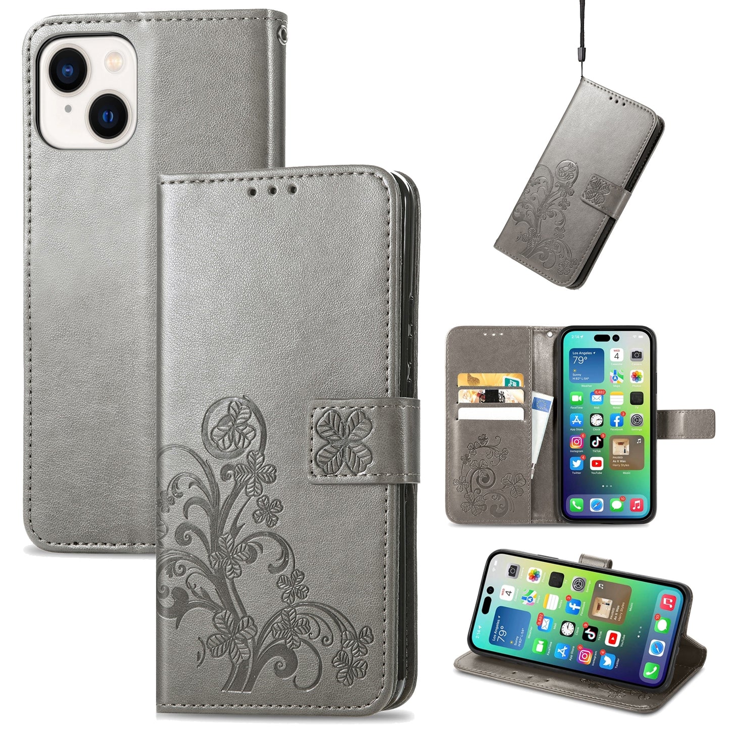 ELECTROPRIME For iPhone 15 Four-leaf Clasp Embossed Buckle Leather Phone Case(Gray)