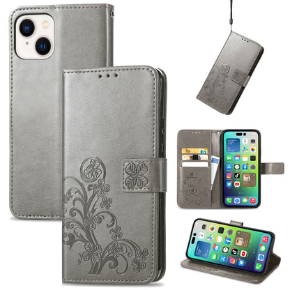 ELECTROPRIME For iPhone 15 Four-leaf Clasp Embossed Buckle Leather Phone Case(Gray)