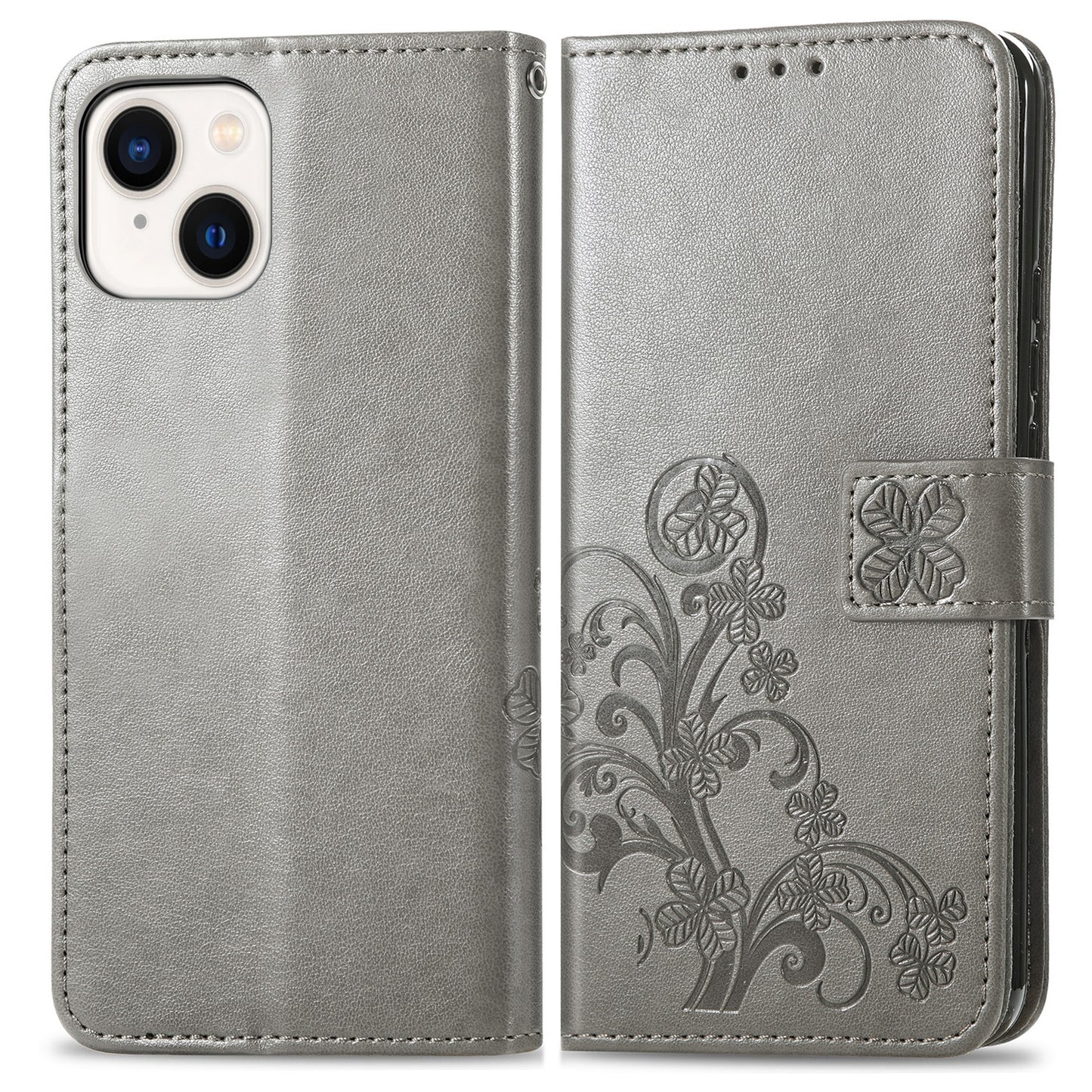 ELECTROPRIME For iPhone 15 Four-leaf Clasp Embossed Buckle Leather Phone Case(Gray)