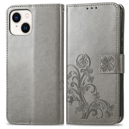 ELECTROPRIME For iPhone 15 Four-leaf Clasp Embossed Buckle Leather Phone Case(Gray)