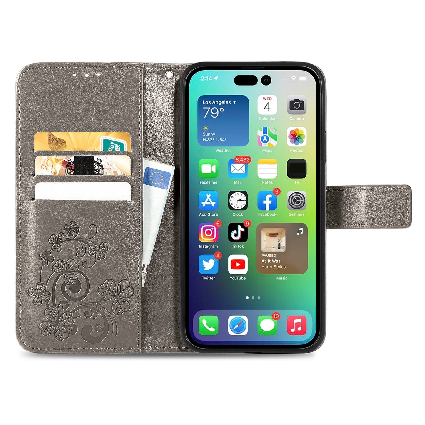 ELECTROPRIME For iPhone 15 Four-leaf Clasp Embossed Buckle Leather Phone Case(Gray)