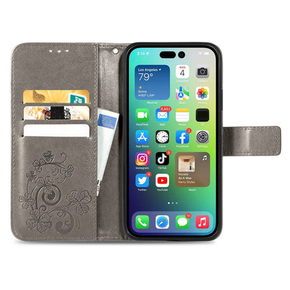 ELECTROPRIME For iPhone 15 Four-leaf Clasp Embossed Buckle Leather Phone Case(Gray)