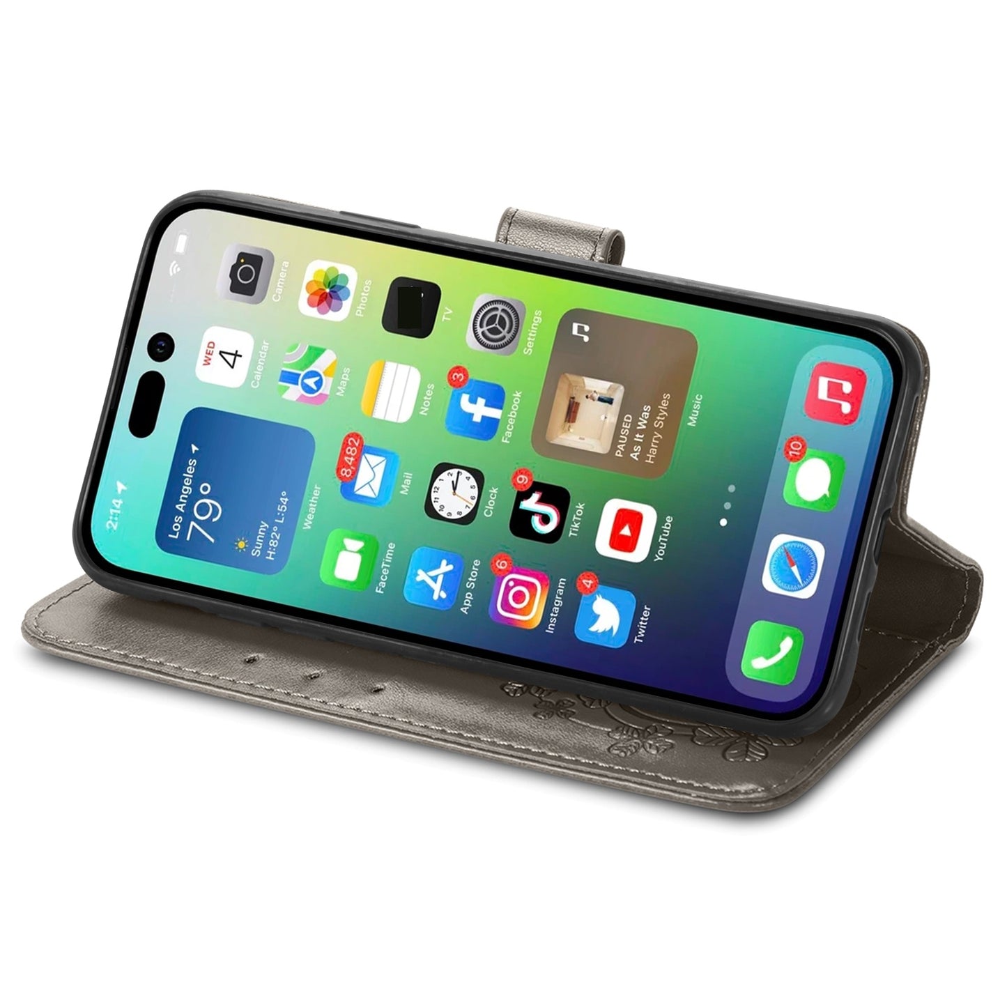ELECTROPRIME For iPhone 15 Four-leaf Clasp Embossed Buckle Leather Phone Case(Gray)