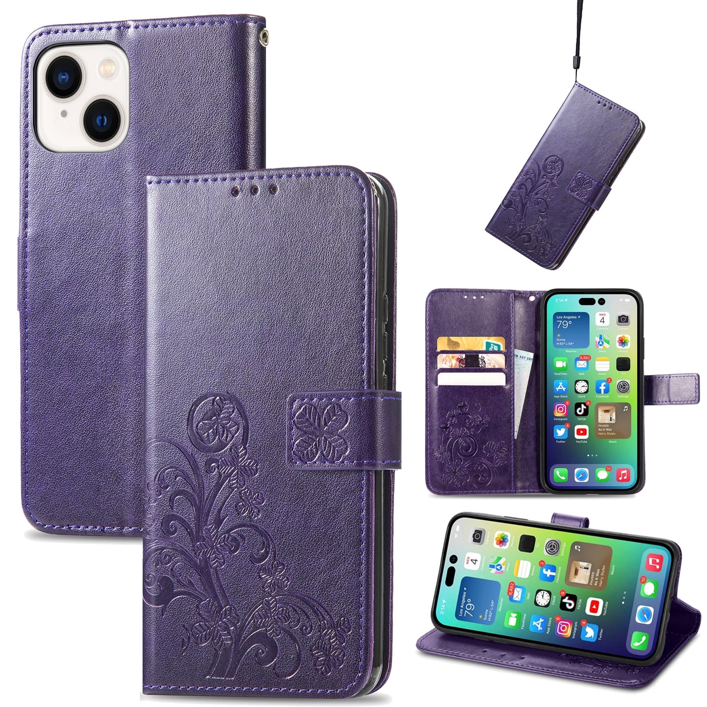 ELECTROPRIME For iPhone 15 Four-leaf Clasp Embossed Buckle Leather Phone Case(Purple)