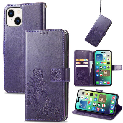 ELECTROPRIME For iPhone 15 Four-leaf Clasp Embossed Buckle Leather Phone Case(Purple)