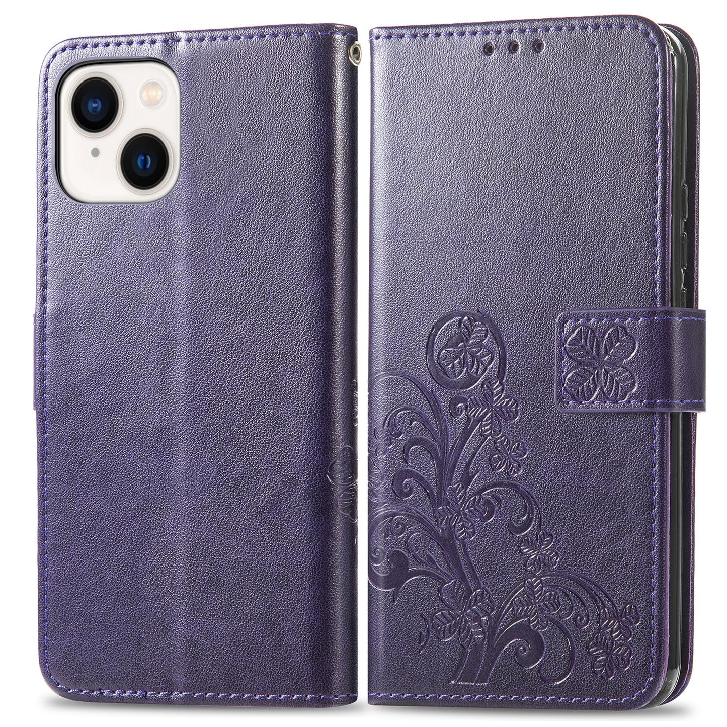 ELECTROPRIME For iPhone 15 Four-leaf Clasp Embossed Buckle Leather Phone Case(Purple)