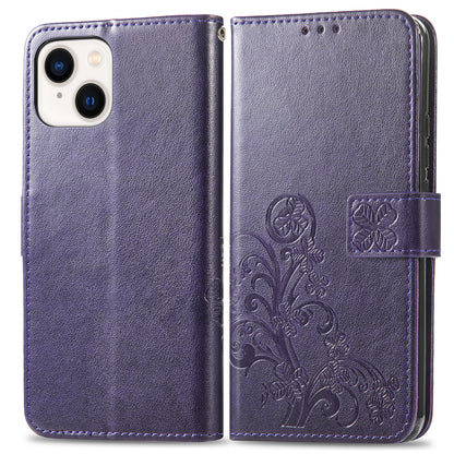 ELECTROPRIME For iPhone 15 Four-leaf Clasp Embossed Buckle Leather Phone Case(Purple)