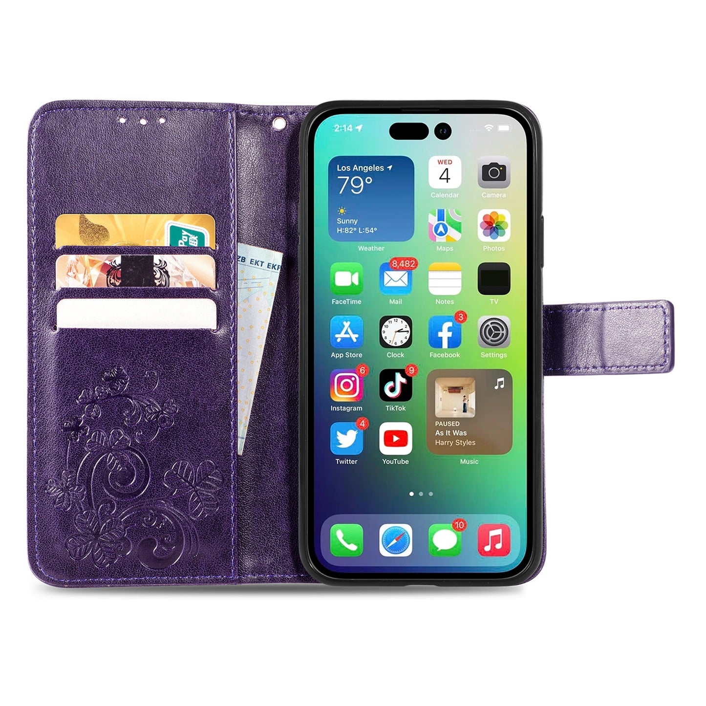 ELECTROPRIME For iPhone 15 Four-leaf Clasp Embossed Buckle Leather Phone Case(Purple)