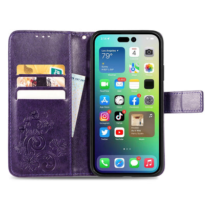 ELECTROPRIME For iPhone 15 Four-leaf Clasp Embossed Buckle Leather Phone Case(Purple)