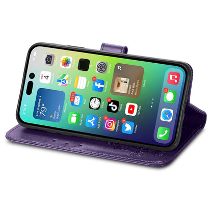 ELECTROPRIME For iPhone 15 Four-leaf Clasp Embossed Buckle Leather Phone Case(Purple)