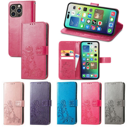 ELECTROPRIME For iPhone 15 Four-leaf Clasp Embossed Buckle Leather Phone Case(Purple)