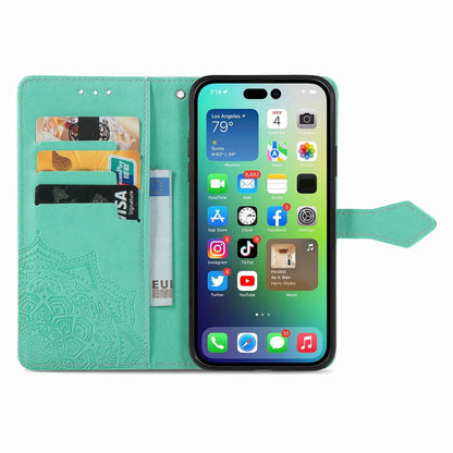 ELECTROPRIME For iPhone 15 Mandala Flower Embossed Leather Phone Case(Green)