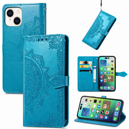 ELECTROPRIME For iPhone 15 Mandala Flower Embossed Leather Phone Case(Blue)