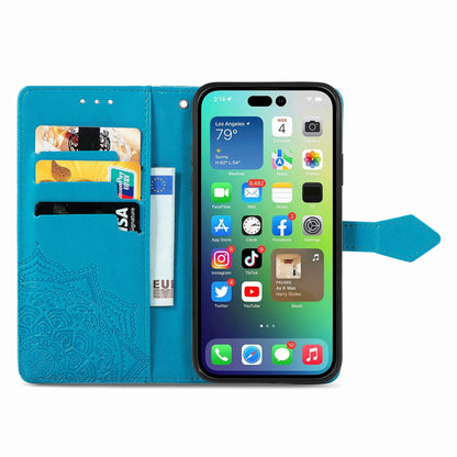 ELECTROPRIME For iPhone 15 Mandala Flower Embossed Leather Phone Case(Blue)
