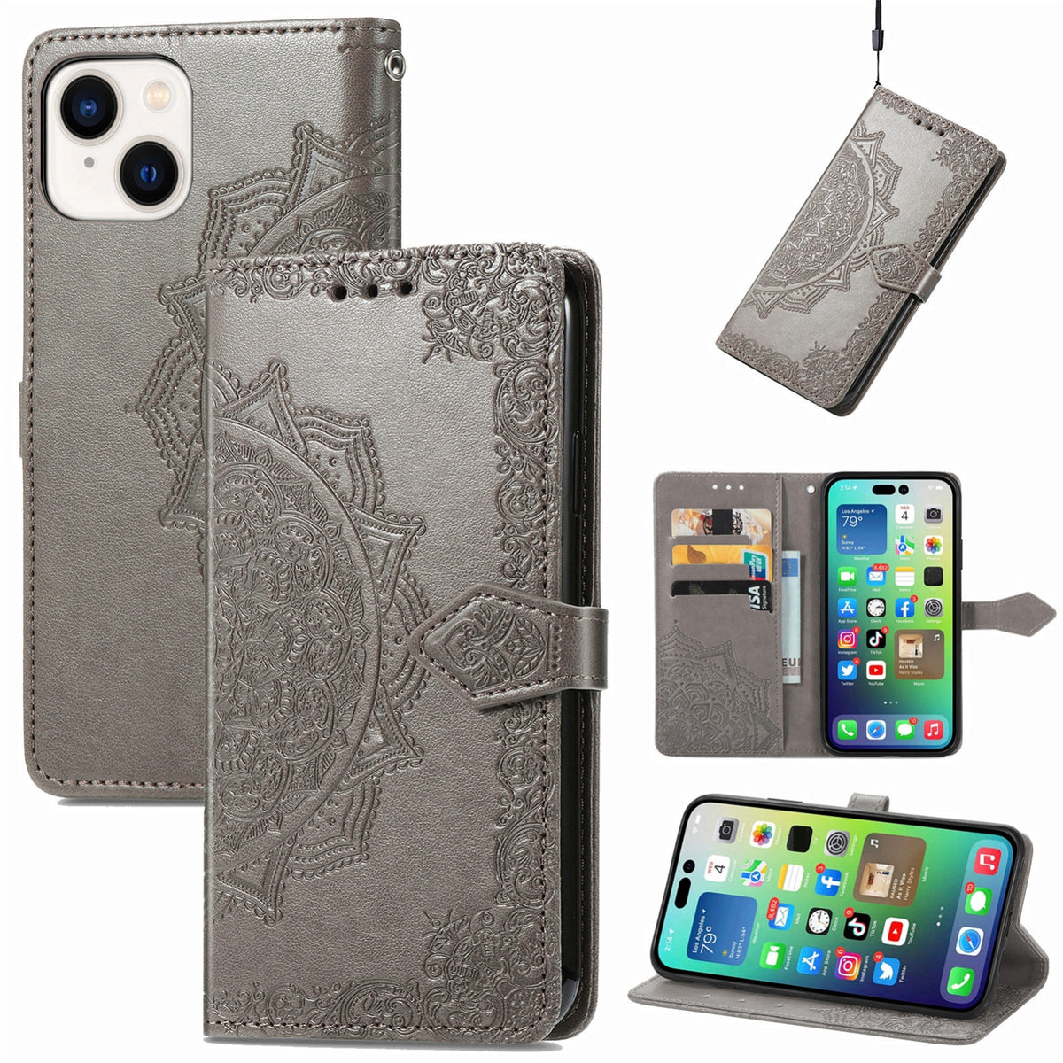 ELECTROPRIME For iPhone 15 Mandala Flower Embossed Leather Phone Case(Gray)