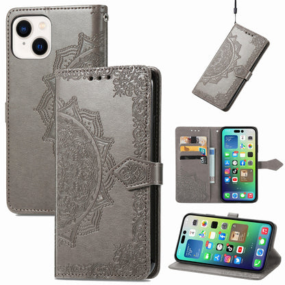 ELECTROPRIME For iPhone 15 Mandala Flower Embossed Leather Phone Case(Gray)