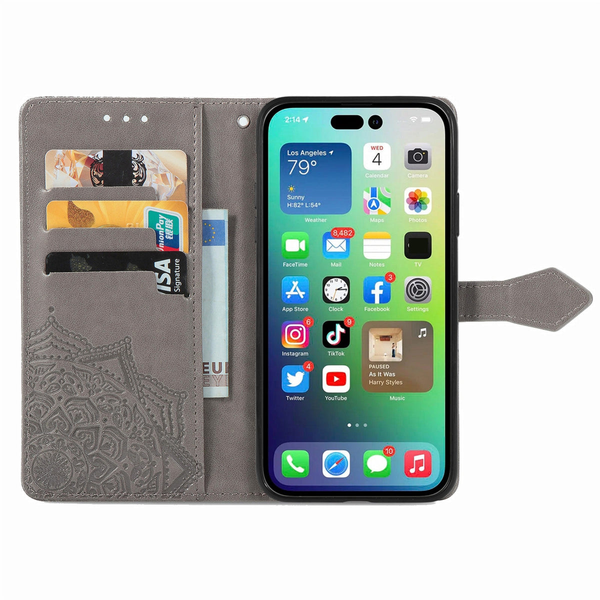 ELECTROPRIME For iPhone 15 Mandala Flower Embossed Leather Phone Case(Gray)