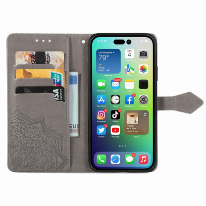 ELECTROPRIME For iPhone 15 Mandala Flower Embossed Leather Phone Case(Gray)