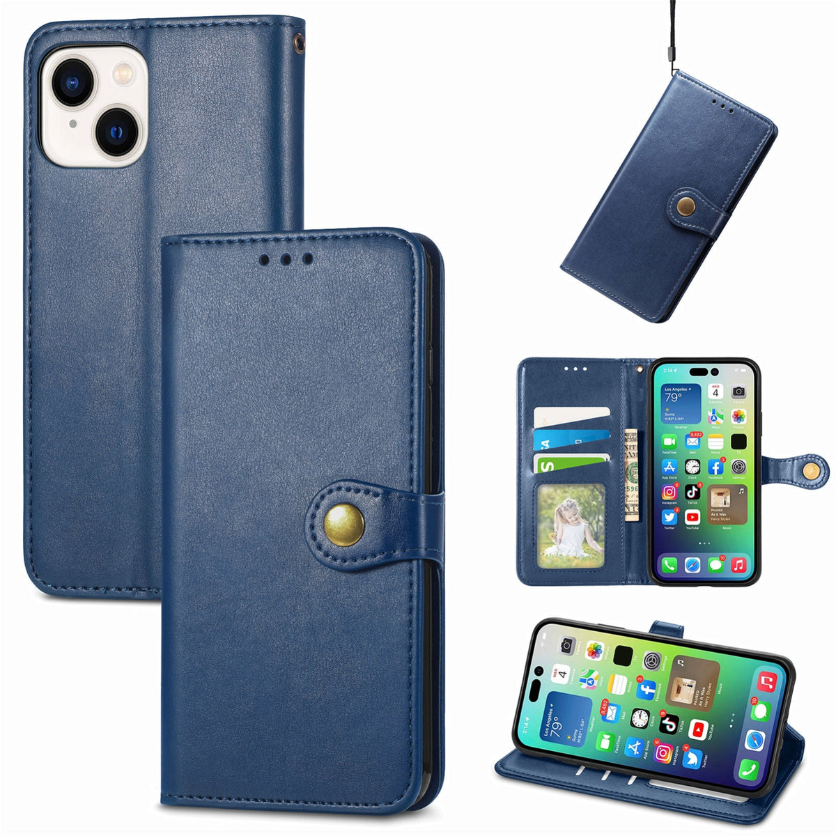 ELECTROPRIME For iPhone 15 Retro Solid Color Buckle Leather Phone Case(Blue)