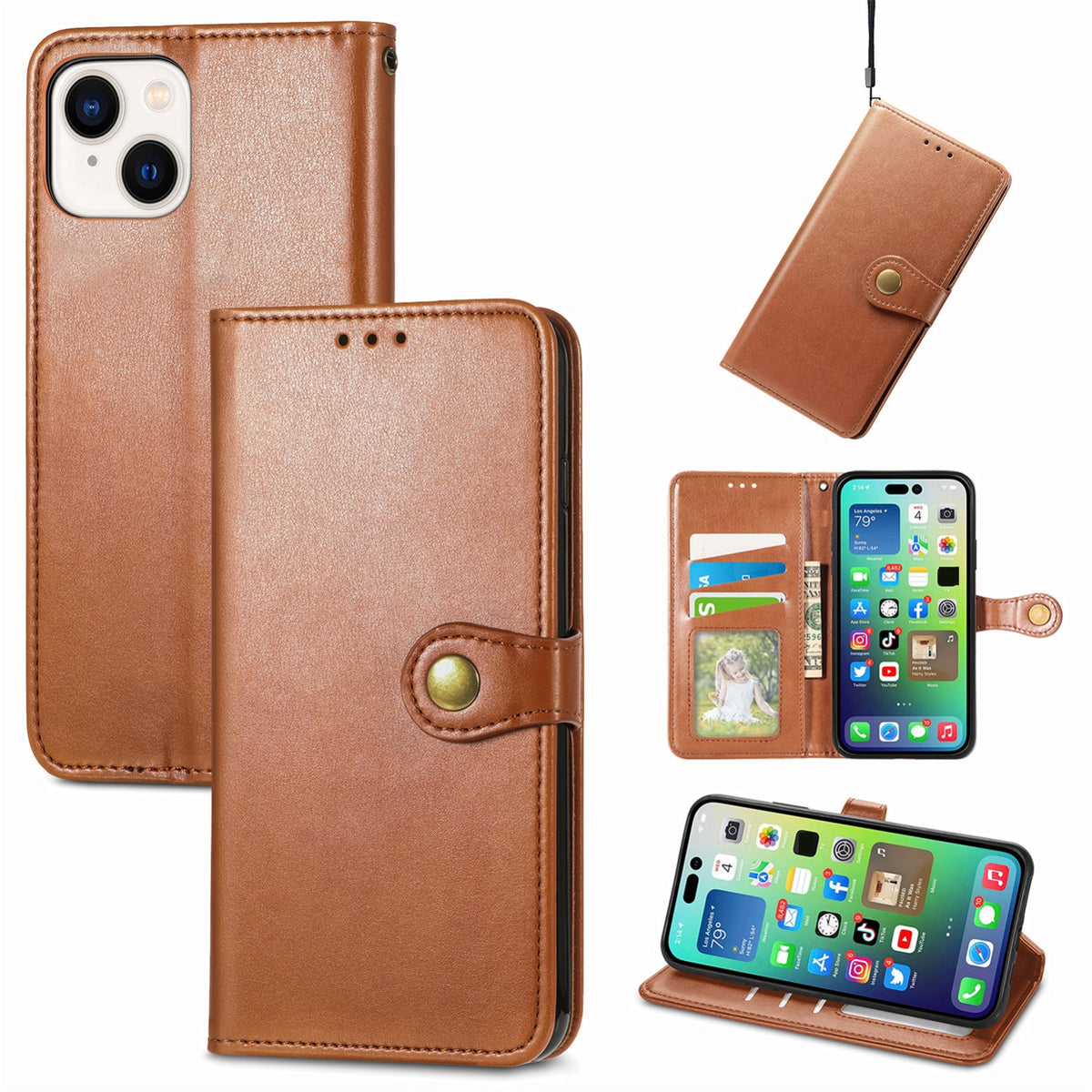 ELECTROPRIME For iPhone 15 Retro Solid Color Buckle Leather Phone Case(Brown)