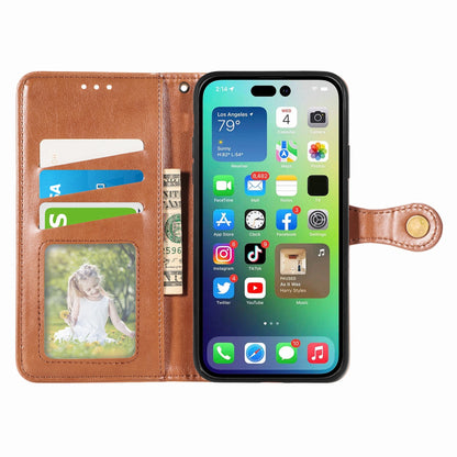 ELECTROPRIME For iPhone 15 Retro Solid Color Buckle Leather Phone Case(Brown)