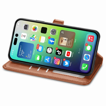 ELECTROPRIME For iPhone 15 Retro Solid Color Buckle Leather Phone Case(Brown)