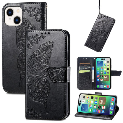 ELECTROPRIME For iPhone 15 Butterfly Love Flower Embossed Leather Phone Case(Black)