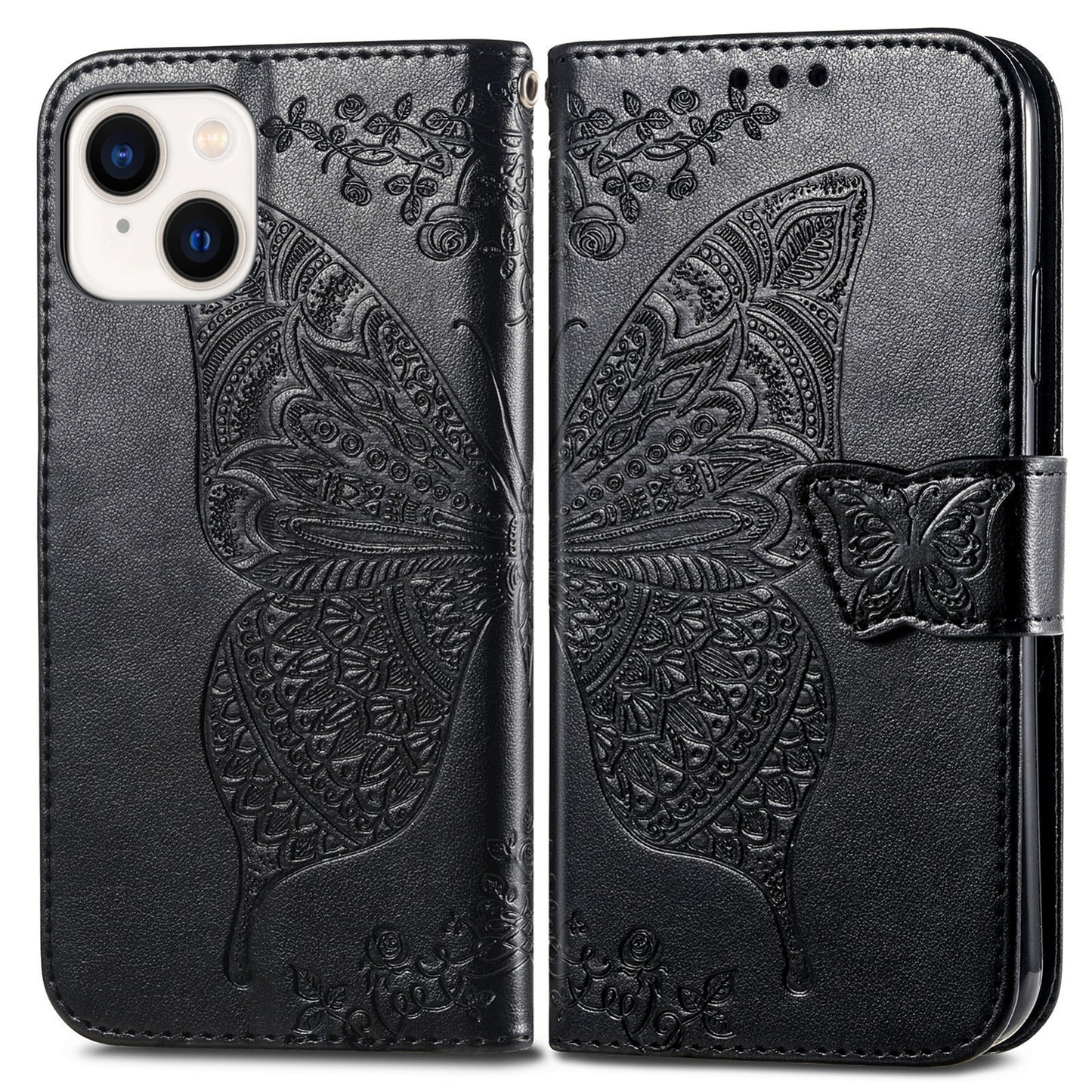 ELECTROPRIME For iPhone 15 Butterfly Love Flower Embossed Leather Phone Case(Black)
