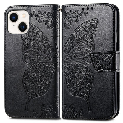 ELECTROPRIME For iPhone 15 Butterfly Love Flower Embossed Leather Phone Case(Black)