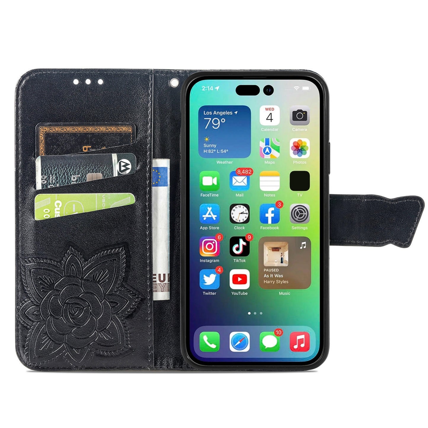 ELECTROPRIME For iPhone 15 Butterfly Love Flower Embossed Leather Phone Case(Black)