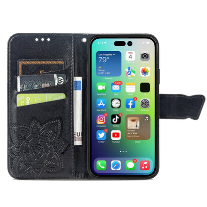 ELECTROPRIME For iPhone 15 Butterfly Love Flower Embossed Leather Phone Case(Black)