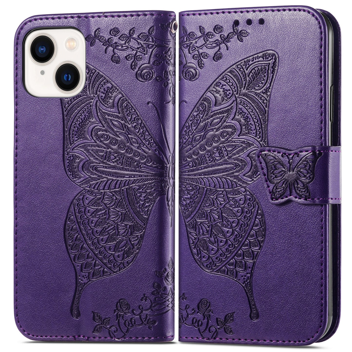 ELECTROPRIME For iPhone 15 Butterfly Love Flower Embossed Leather Phone Case(Dark Purple)