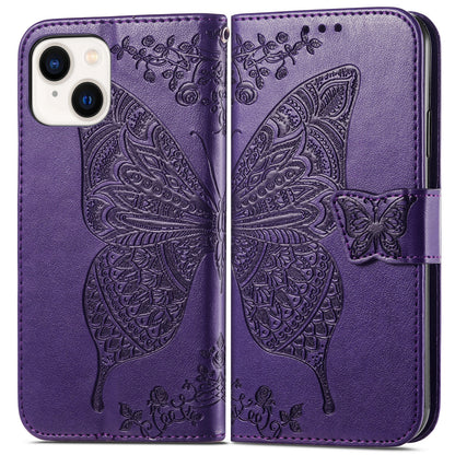 ELECTROPRIME For iPhone 15 Butterfly Love Flower Embossed Leather Phone Case(Dark Purple)