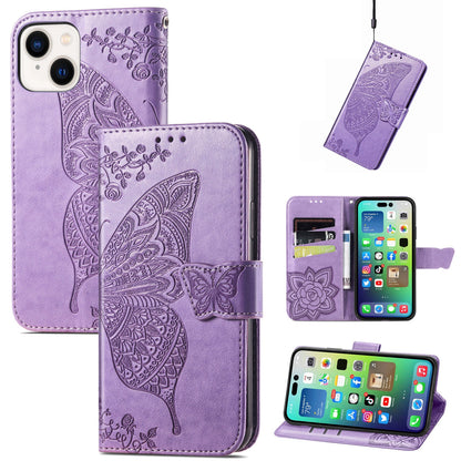 ELECTROPRIME For iPhone 15 Butterfly Love Flower Embossed Leather Phone Case(Light Purple)