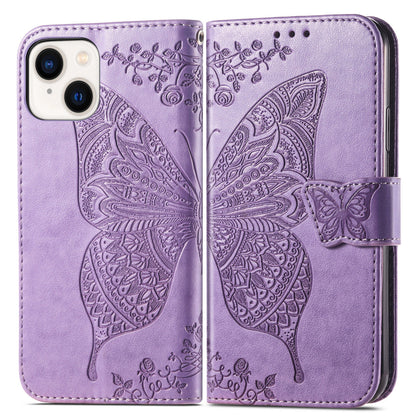 ELECTROPRIME For iPhone 15 Butterfly Love Flower Embossed Leather Phone Case(Light Purple)