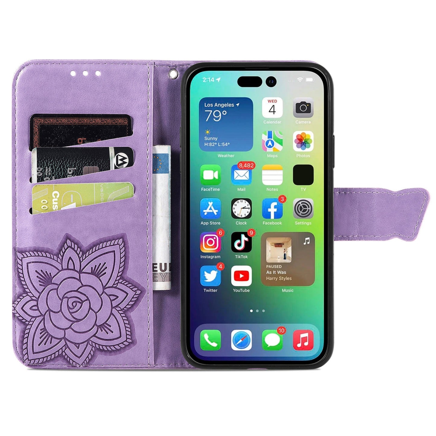 ELECTROPRIME For iPhone 15 Butterfly Love Flower Embossed Leather Phone Case(Light Purple)