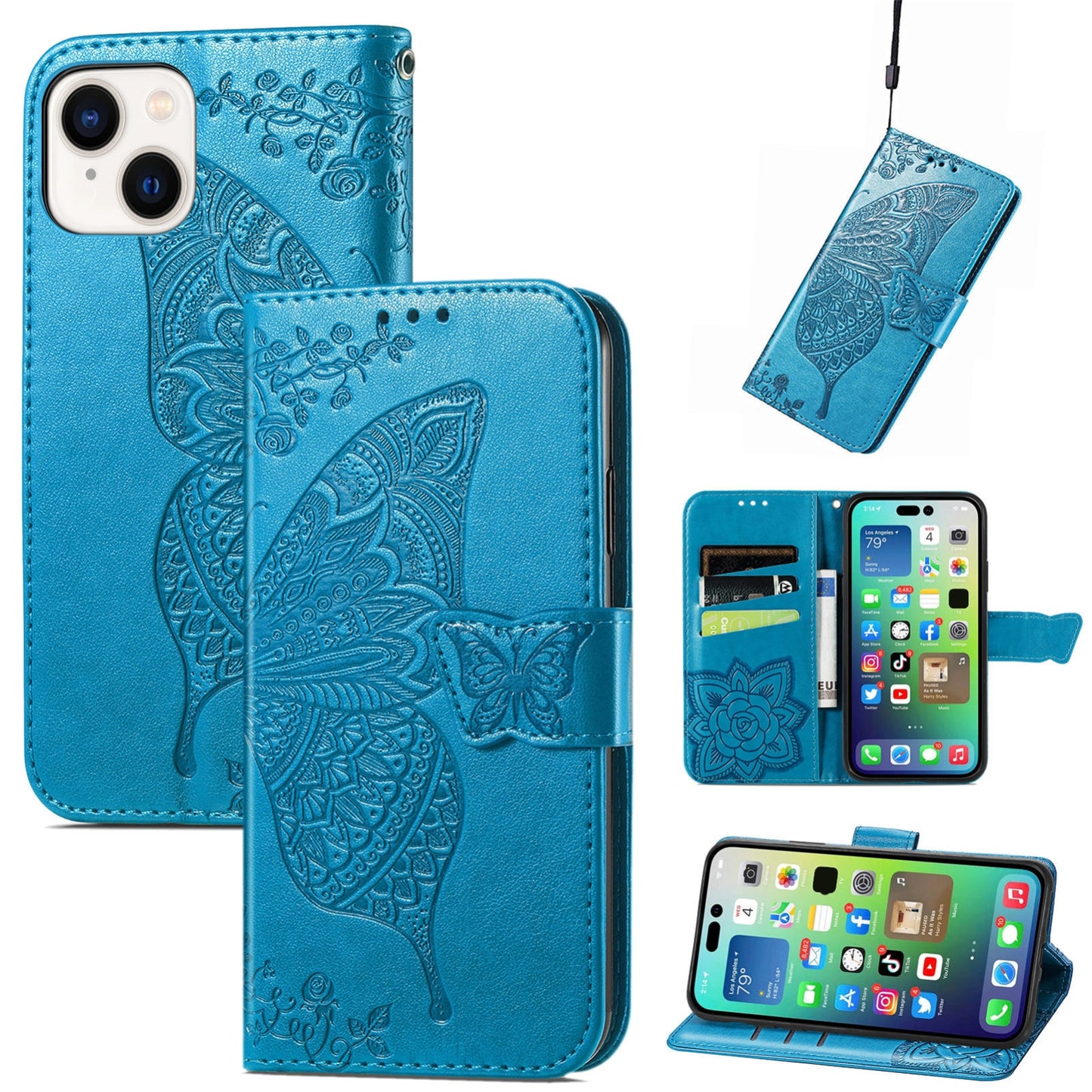ELECTROPRIME For iPhone 15 Butterfly Love Flower Embossed Leather Phone Case(Blue)