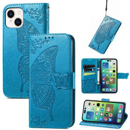 ELECTROPRIME For iPhone 15 Butterfly Love Flower Embossed Leather Phone Case(Blue)