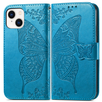 ELECTROPRIME For iPhone 15 Butterfly Love Flower Embossed Leather Phone Case(Blue)