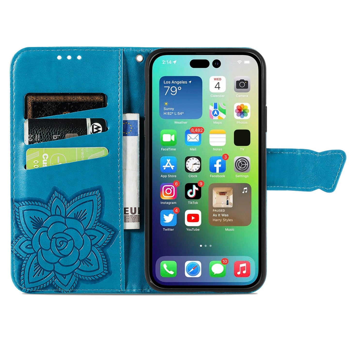 ELECTROPRIME For iPhone 15 Butterfly Love Flower Embossed Leather Phone Case(Blue)
